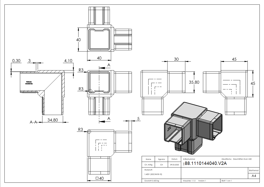 Eckstueck V2A fuer Rohr 40x40x2 mm 90° 3 Abgaenge zum Stecken-88-1110144040.V2A