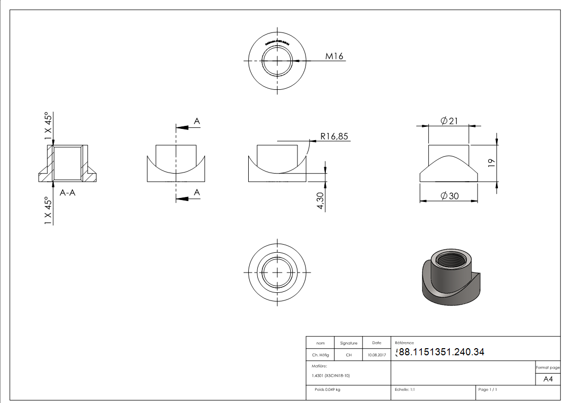 Manchon à souder pour charnière de porte M16 / 33,7mm