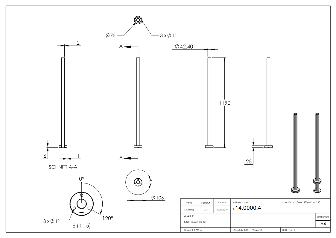 Poteau de garde-corps | pour finition automatique | longueur : 1190 mm | V2A
