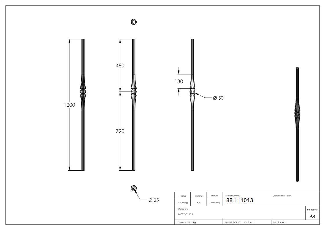 Anfangsstab Stahl roh 25x25 mm H- 1200 mm mit Kugel Ø 50 mm gehaemmert-88.111013