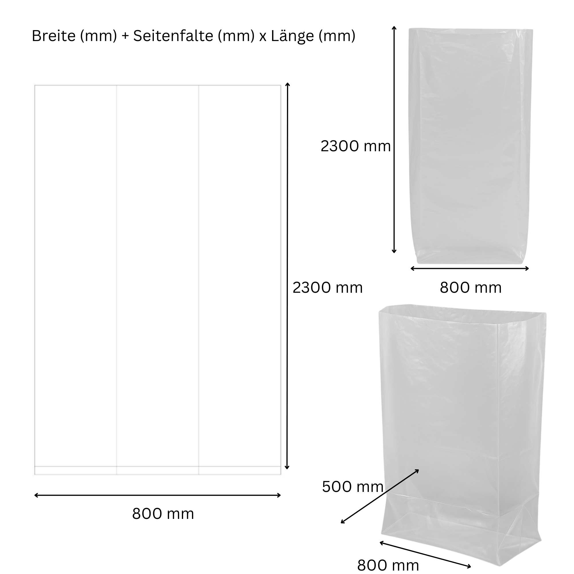 5x Schwerlastsaecke 1000 Liter 80my Transparent - Industrie Muellsaecke 230cm hoch - Fuer Bauschutt - Matratzen-1SFB800-500X230080_5
