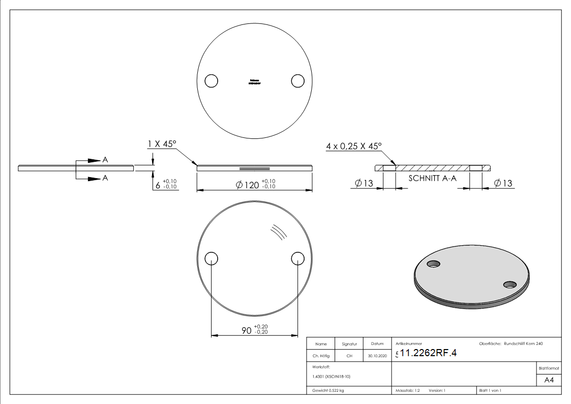Plaque d'ancrage | Ø 120 x 6 mm | avec 2 trous á Ø 13 mm | V2A