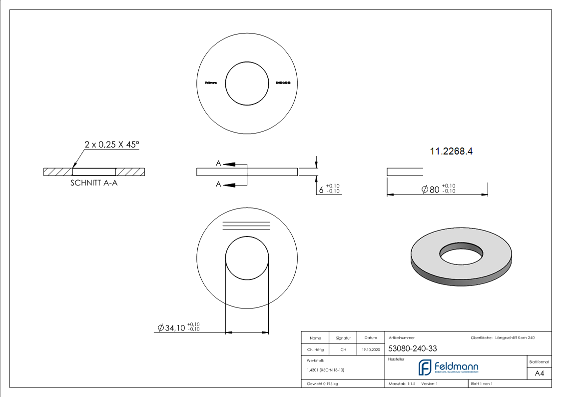 Plaque d'ancrage | dimensions : 80x6 mm | rectification longitudinale et trou central | V2A