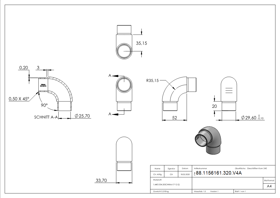 Coude à 90°, pour tube 33,7 x 2,0mm