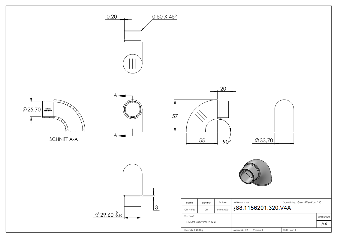 Embout 90° plat, pour tube 33.7 x 2.0mm