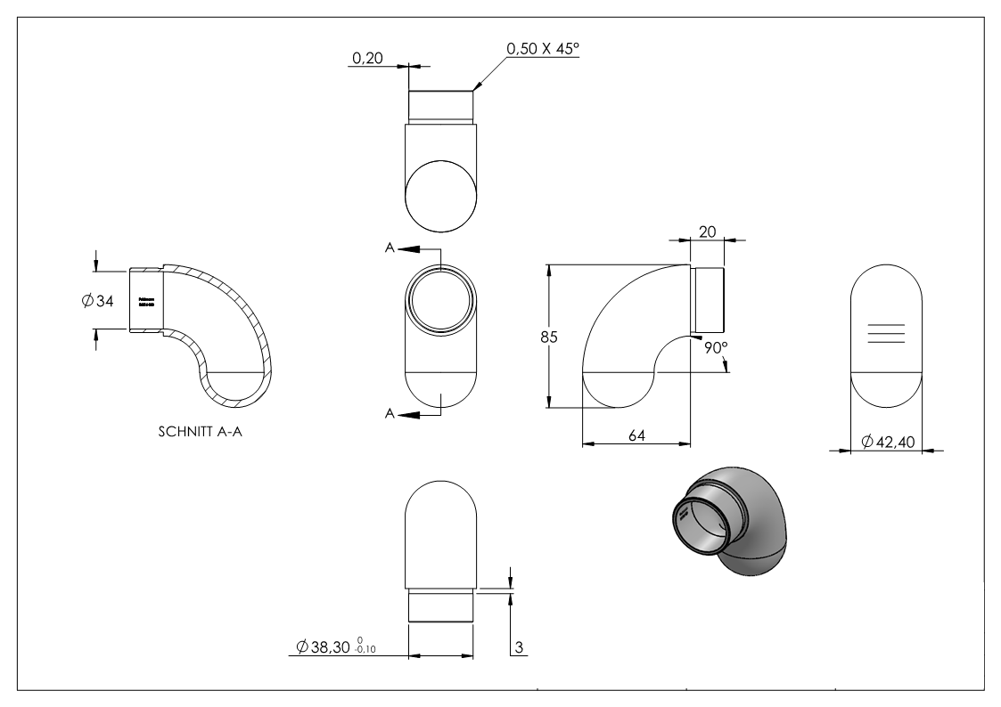 Embout 90° semi-circulaire, pour tube rond Ø 42.4x2.0 mm V2A