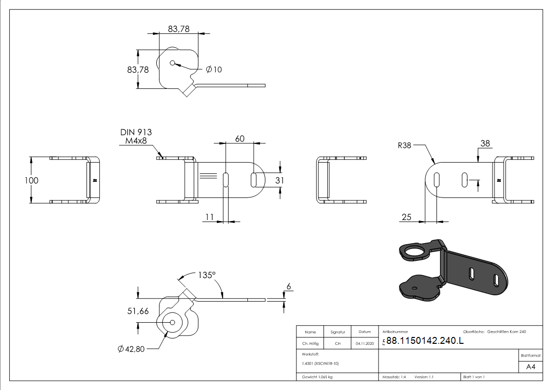 Fixation murale pour poteau de garde-corps pour tube 42,4 mm