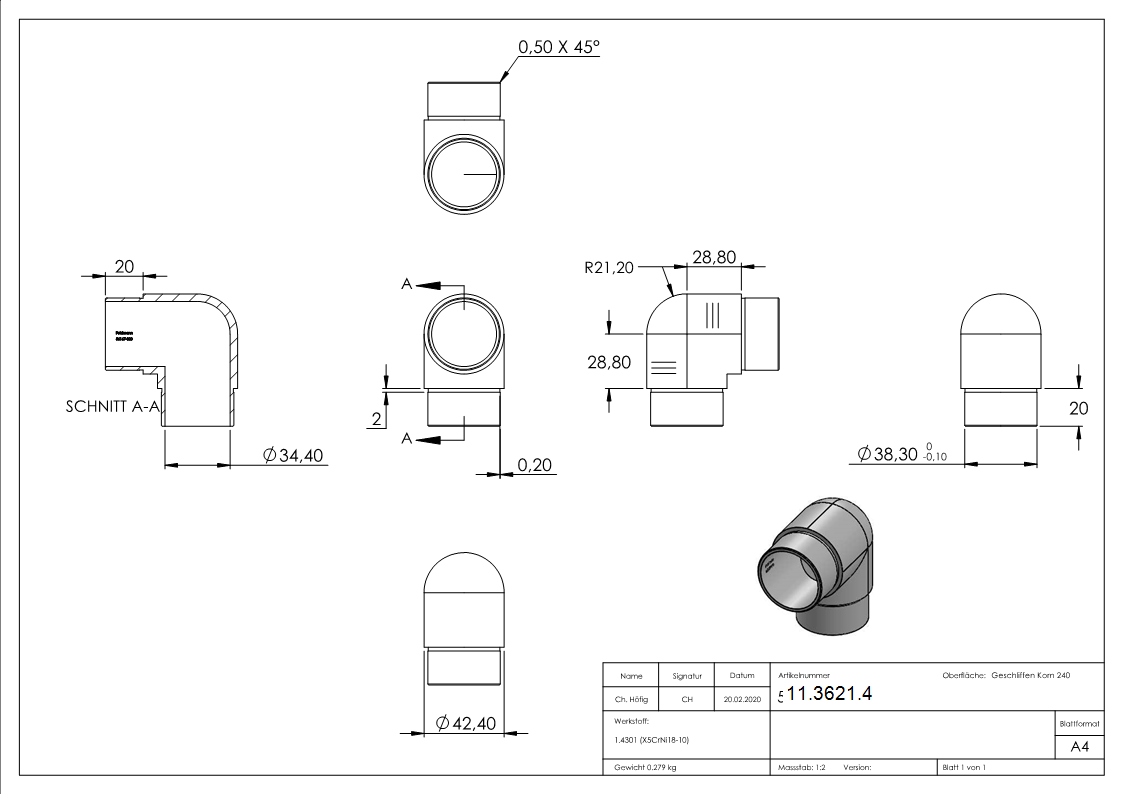 Coude 90° étroit, pour tube rond Ø 42.4x2.0 mm V2A
