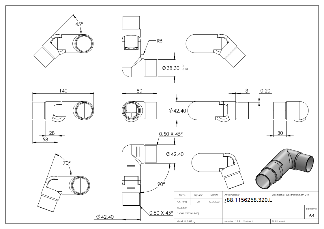 Pièce d'articulation gauche, pour tube 42,4 x 2,0mm, V2A