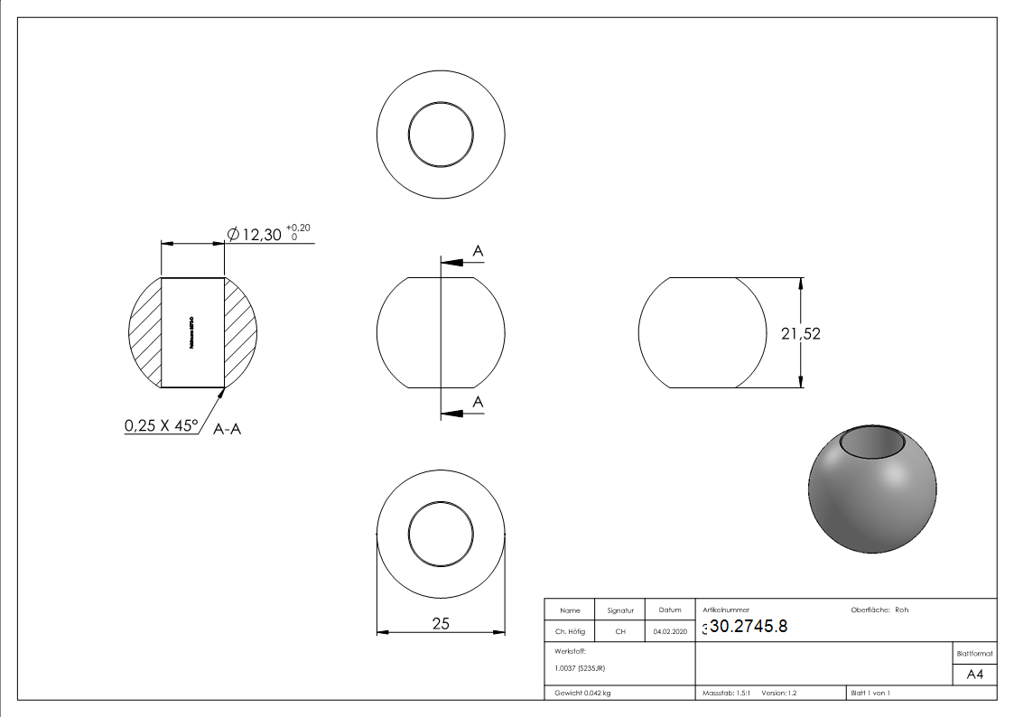 Kugel Ø 25 mm - mit Durchgangsbohrung 12-2 mm - Stahl S235JR- roh-30-2745.8