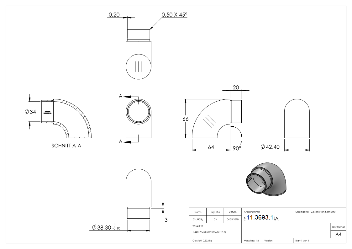 Embout 90° plat, pour tube rond Ø 42,4x2,0 mm V4A