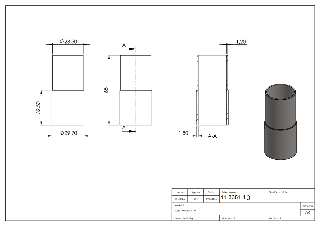 Steckverbinder V2A Ø 33-7 mm fuer 2-5 auf 2-0 mm Wand gerade L 65 mm-11-3351.4