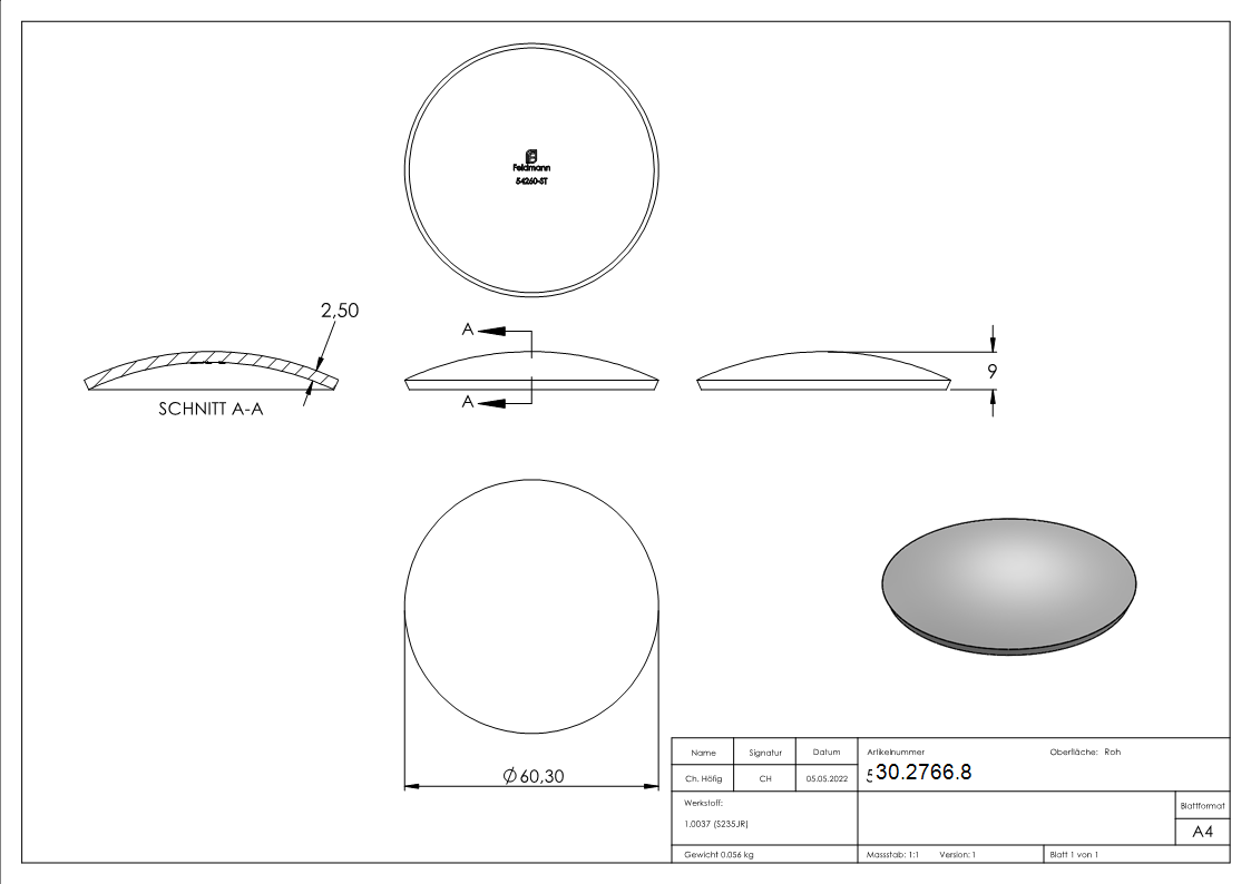 Kloepperboden Rohrabschluss Ø 60-3x2-5 mm Stahl roh Hoehe- 9 mm-30-2766.8