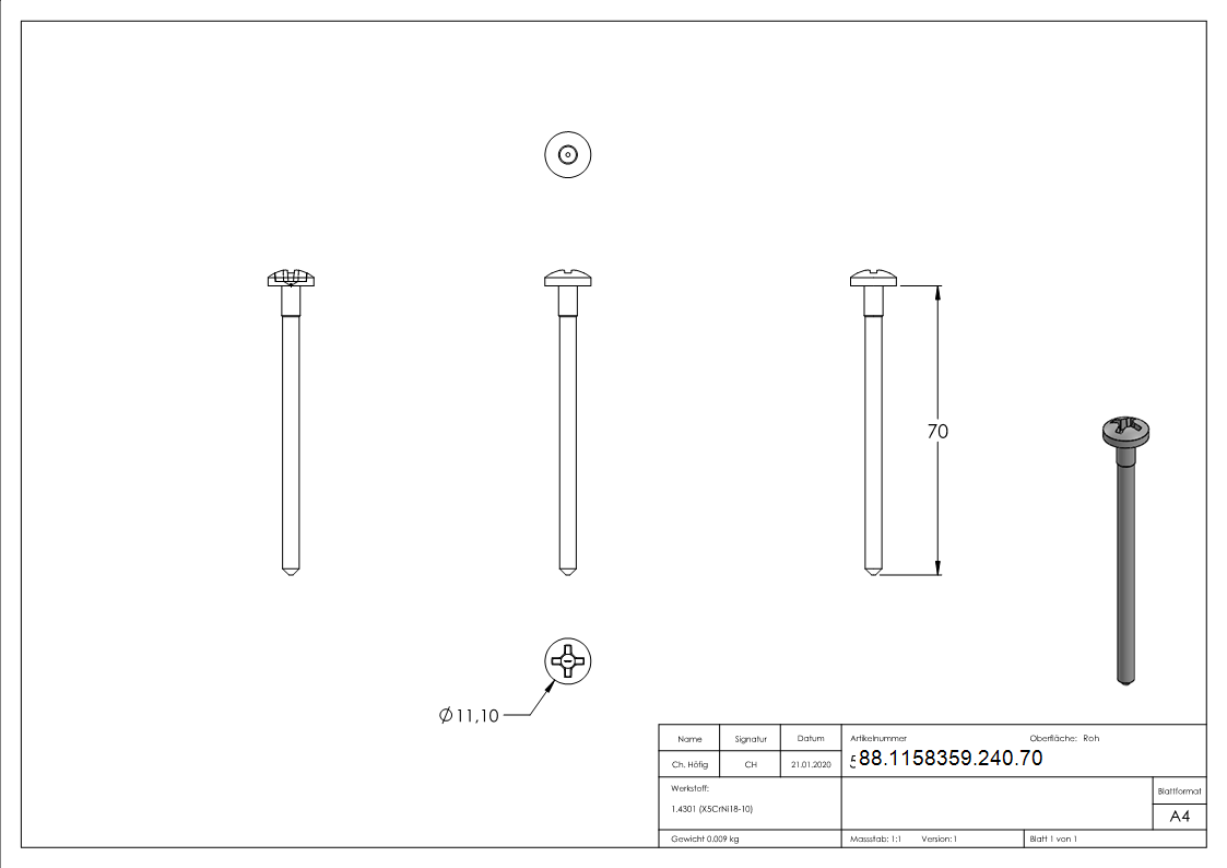 Spanplattenschraube V2A 6x70 mm Pozidriv Halbrundkopf ISO 88096-88-1158359-240.70