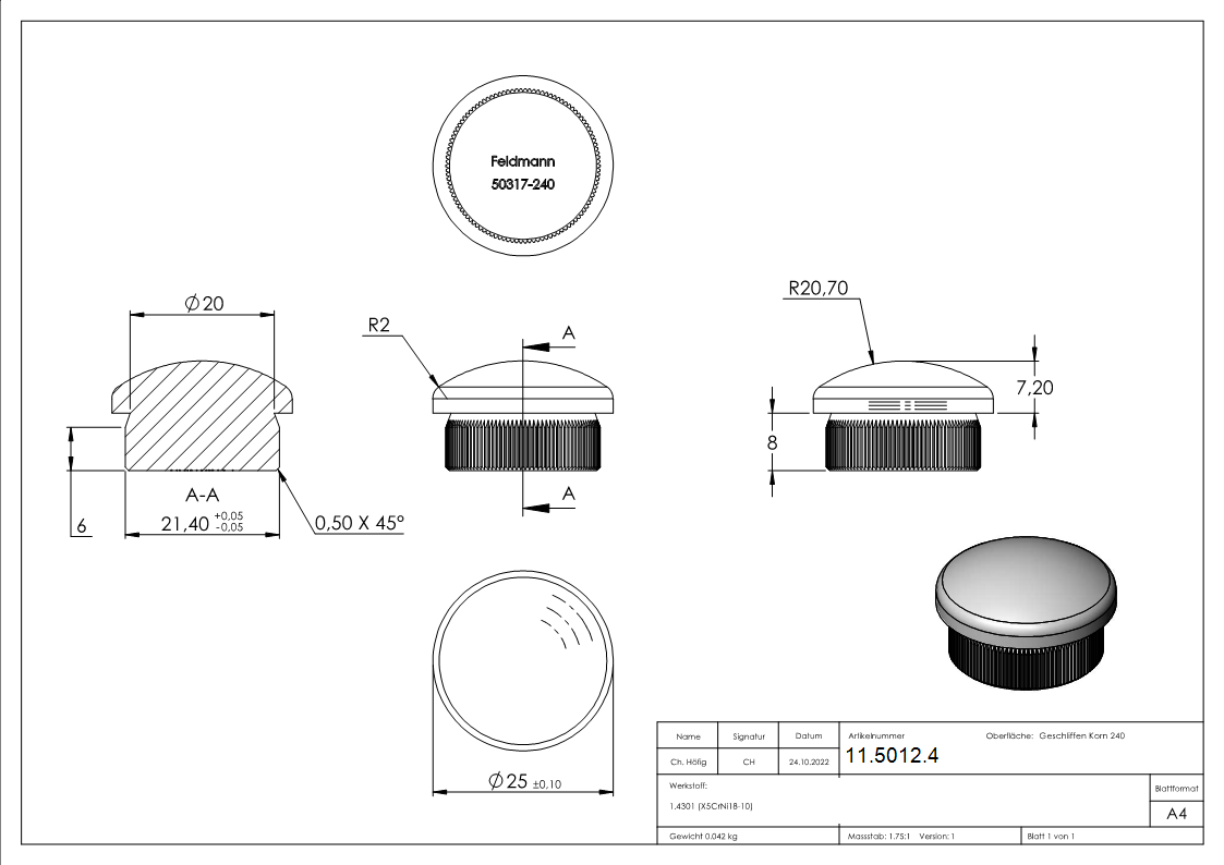 Bouchon légèrement bombé V2A matériau plein pour Ø 25,0x2,0 mm