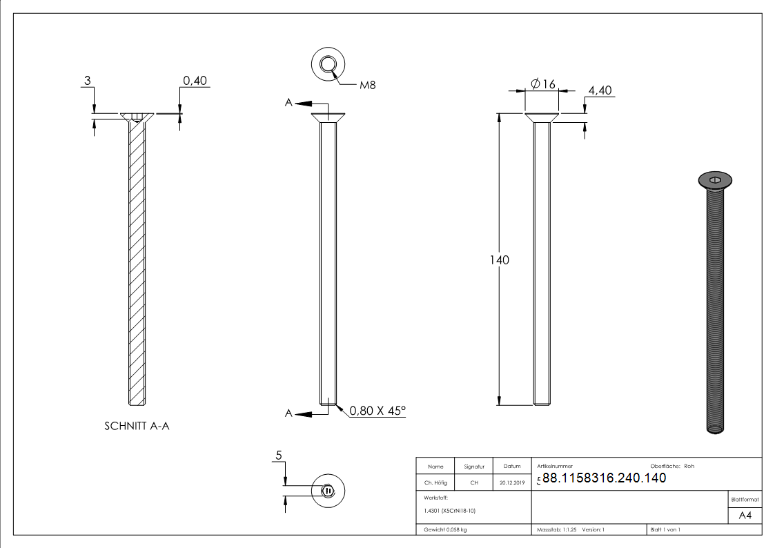 Senkkopfschraube Edelstahl V2A M8x140 Innensechskant ISO 10642 Vollgewinde-88-1158316-240.140
