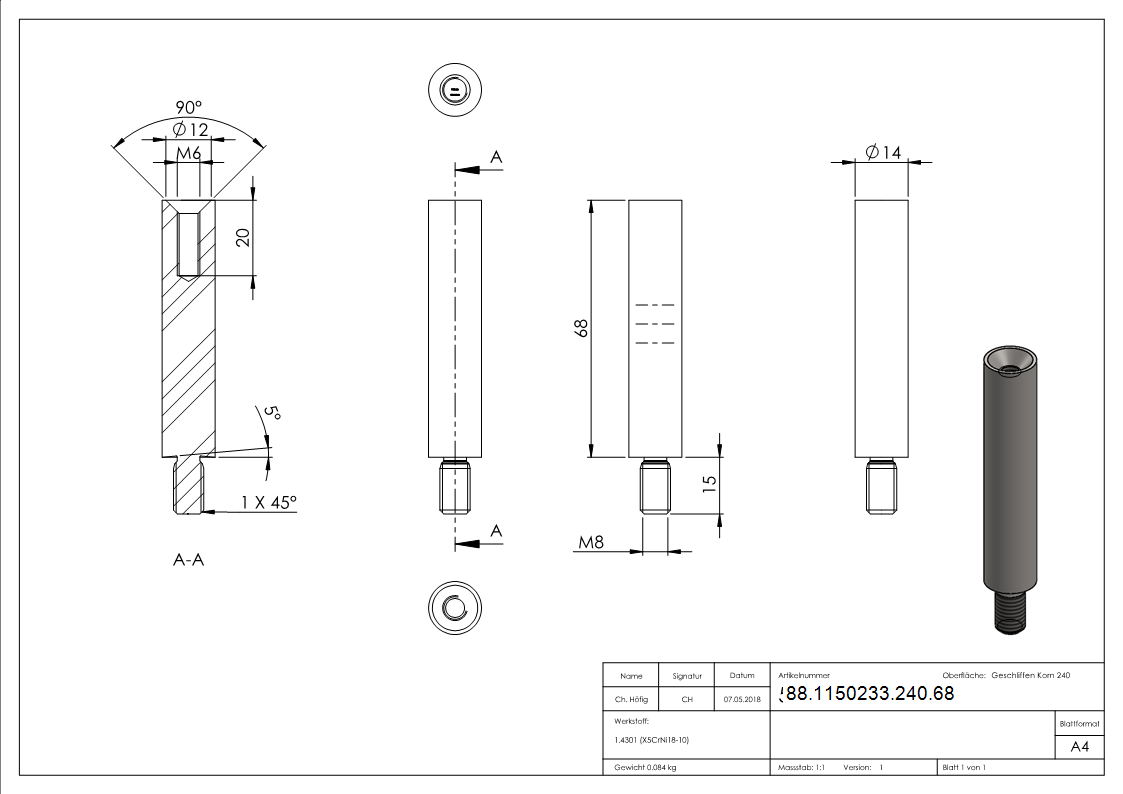 Broche Ø 14mm, longueur : 68mm, filetage intérieur M6, V2A