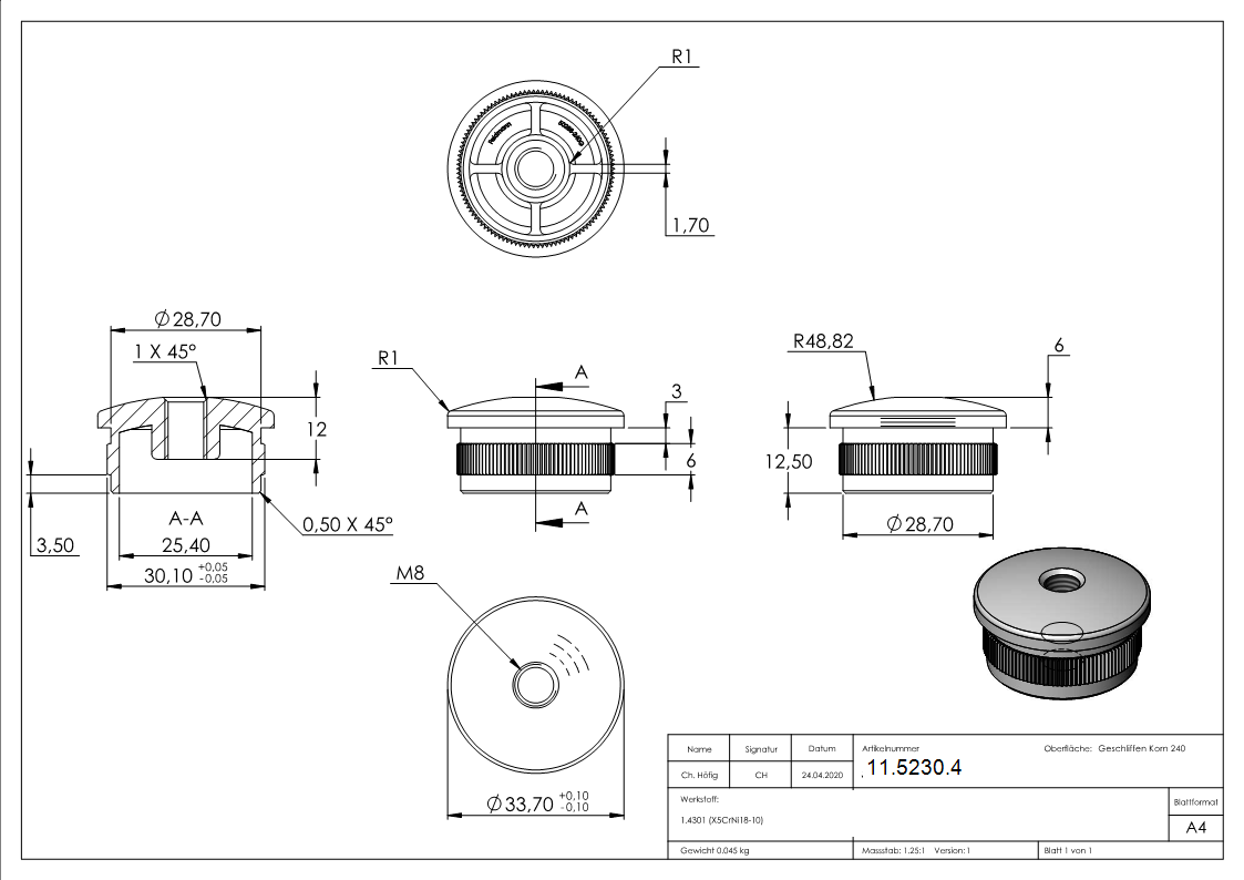 Rohrstopfen fuer Ø 33-7x2-0 mm leicht gewoelbt mit M8 zum Einschlagen V2A-11-5230.4