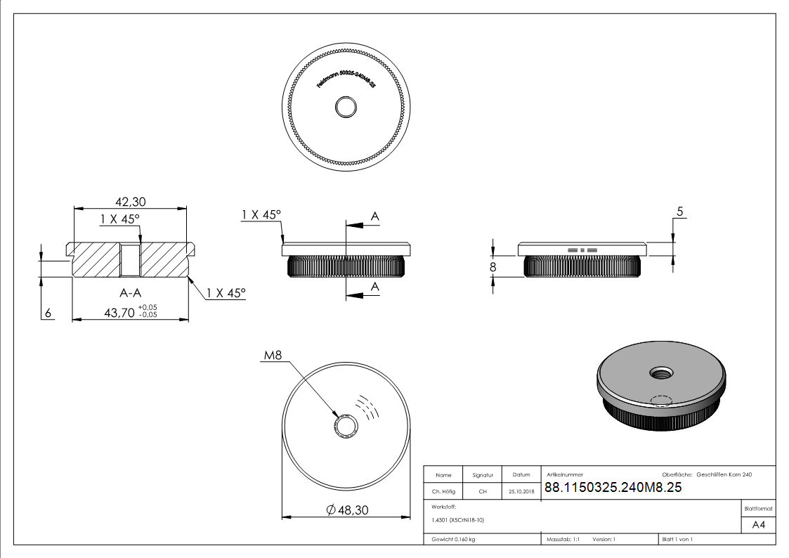 Bouchon, pour tuyau 48,3 x 2,5mm, V2A