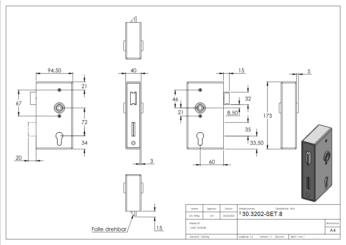 Kastenschloss Set verzinkt 40x94-5x173 mm eckig-30-3202-SET-8.2