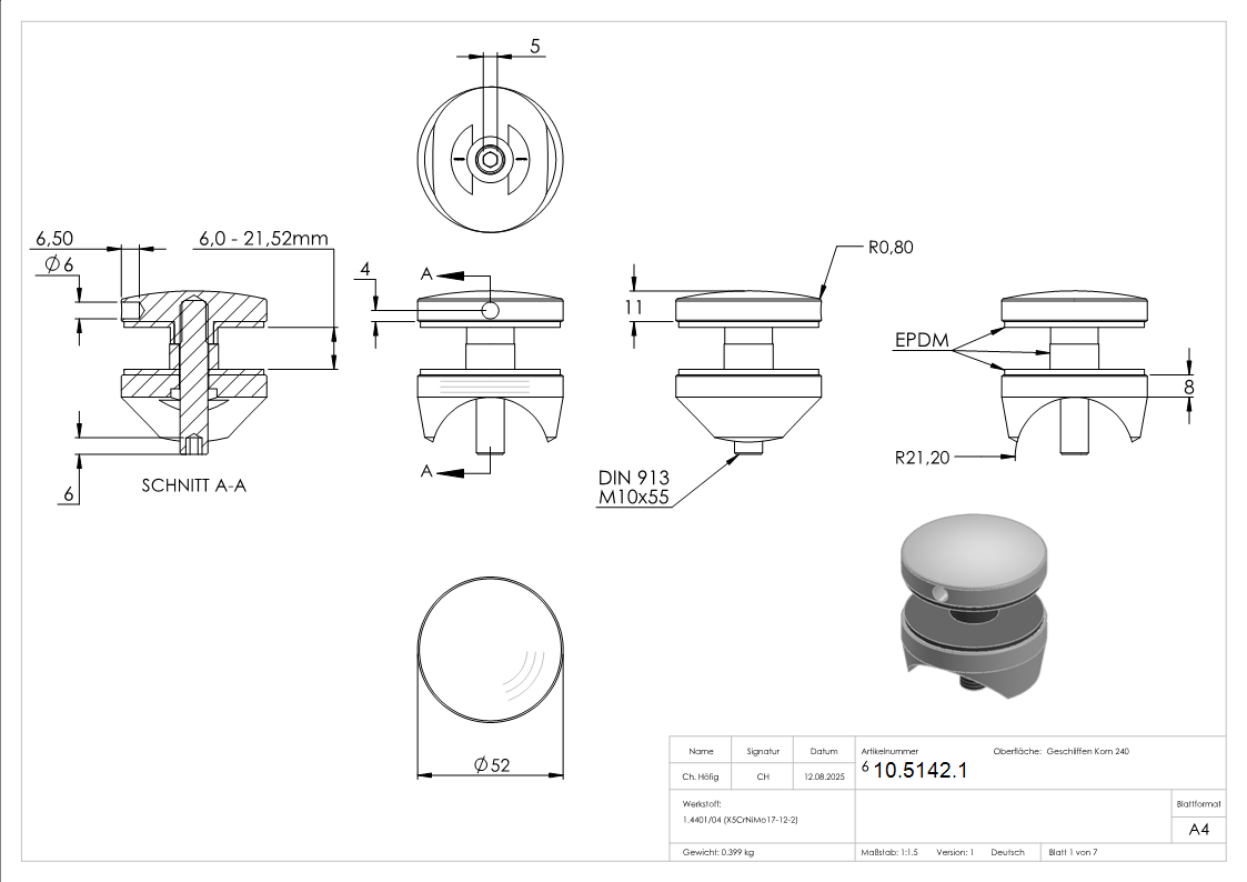 Glaspunkthalter Ø 52 mm- V4A- Anschluss- Rohr Ø 42-4 mm-10-5142.1