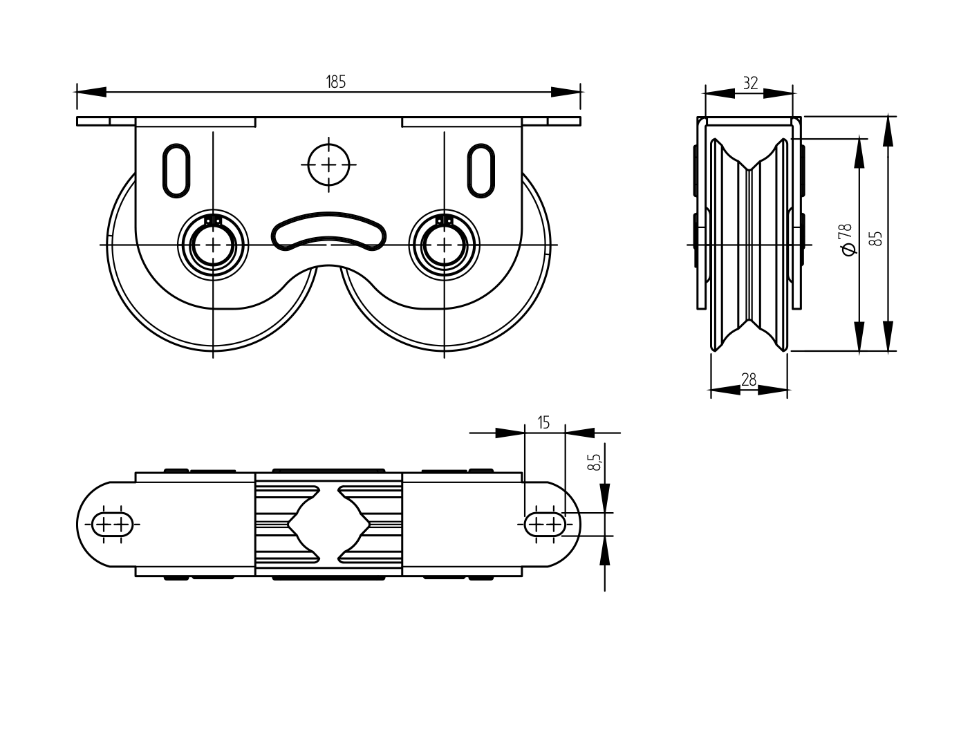 Doppel-Laufrolle Stahl verzinkt Ø 80 mm V-Rille fuer Tore bis 600 kg-89-11H31V280HEAVY-A.4