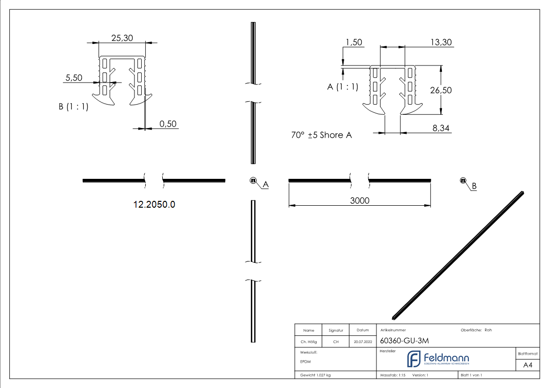 Insert en caoutchouc | pour verre : 8.00-10.76 mm | pour rainure : 24x24 mm | longueur : 3000 mm | caoutchouc