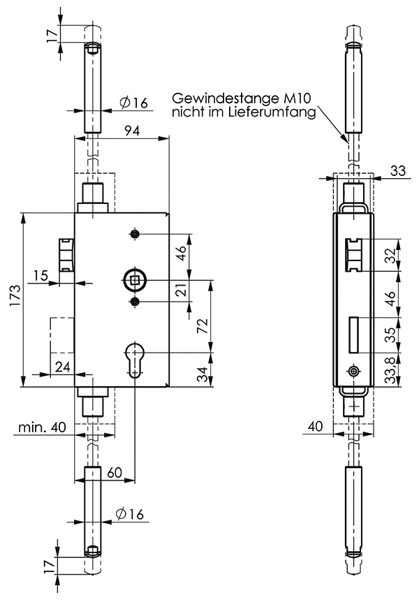 Schlosskasten Stahl 40x94x173 mm fuer Mehrfachverriegelung- verzinktes Schloss-30-3257.8