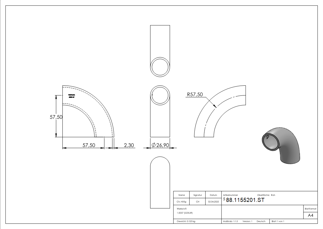 Rohrbogen 90° Stahl roh - 26-9 x 2-3 mm -¾- - Bauart 5-88-1155201.ST