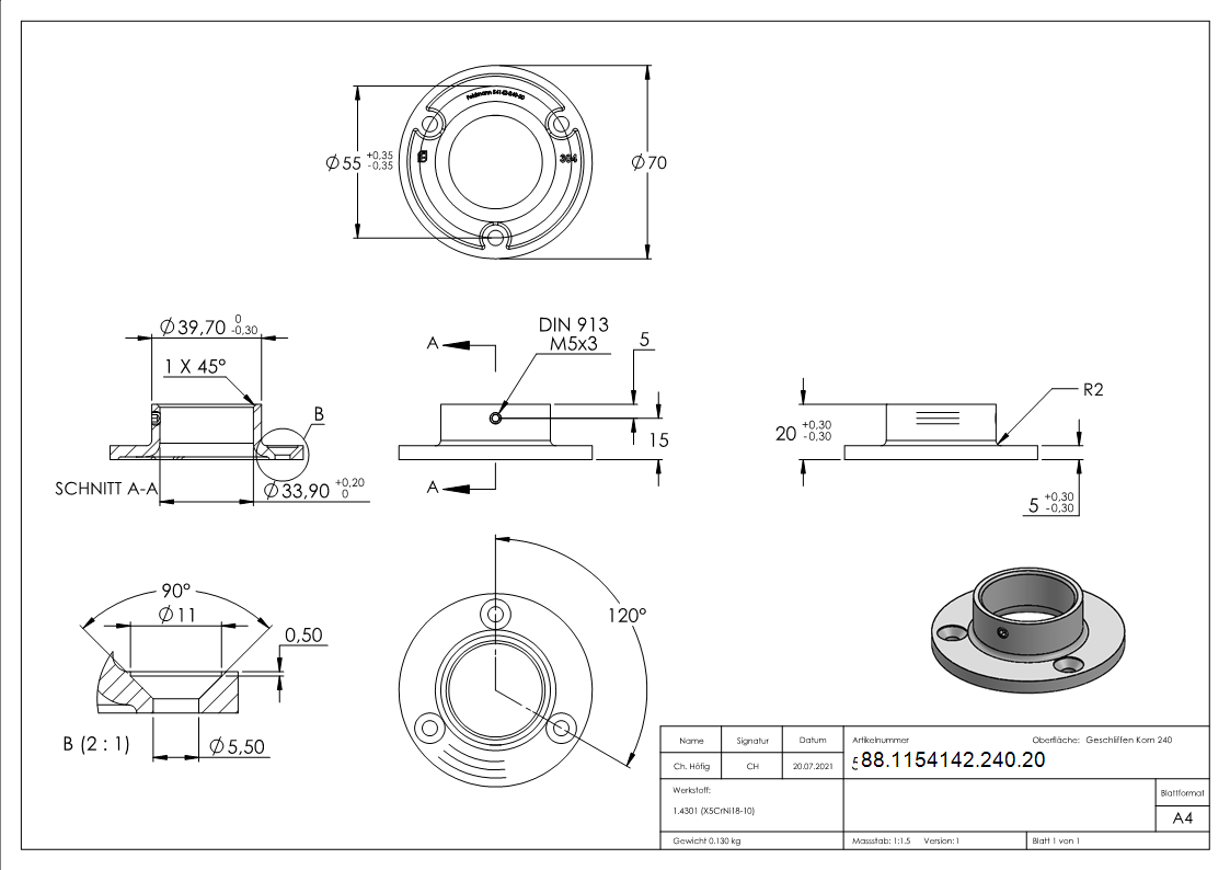 Ancrage au sol pour tube 33,7mm, V2A