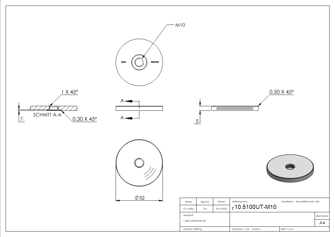 Glaspunkthalter Unterteil Ø 52 mm- V2A- Hoehe- 5-50 mm mit M10 Gewinde-10.5100UT-M10