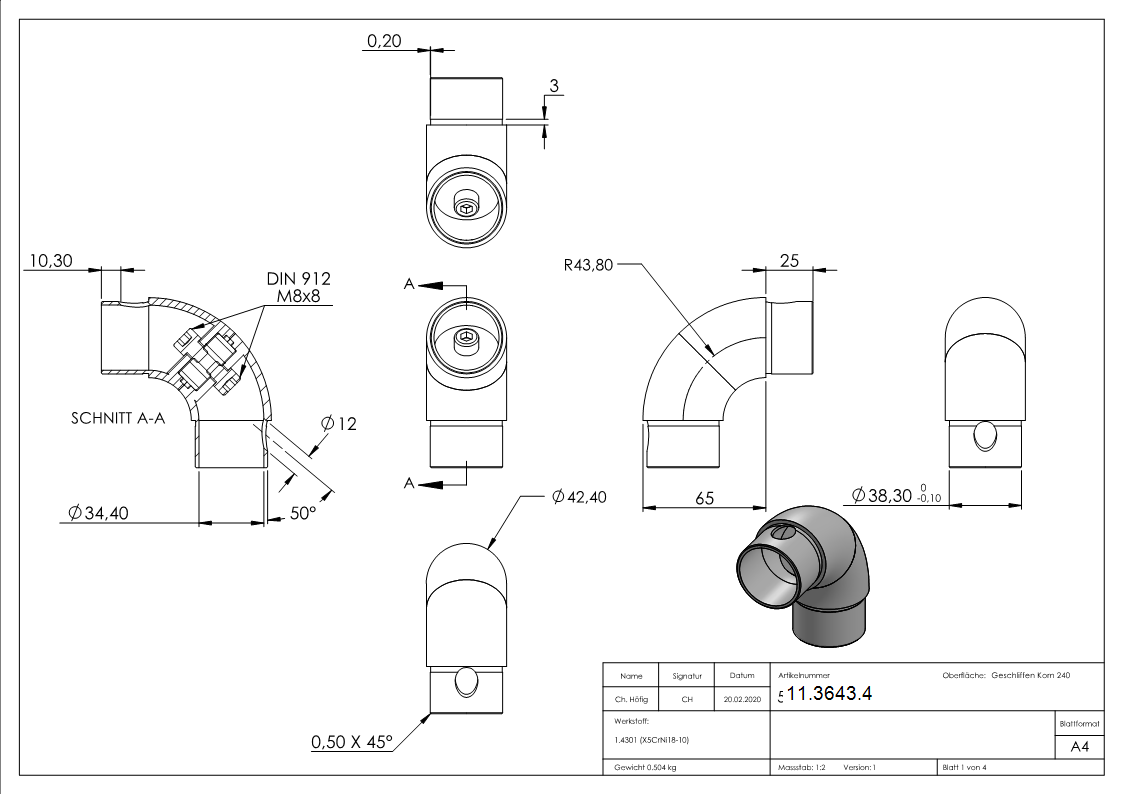 Coude réglable, pour tube rond Ø 42.4x2.0 mm V2A
