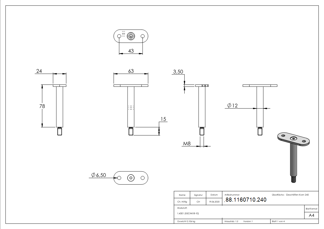 Goupille Ø 12mm avec plaque de retenue droite, V2A