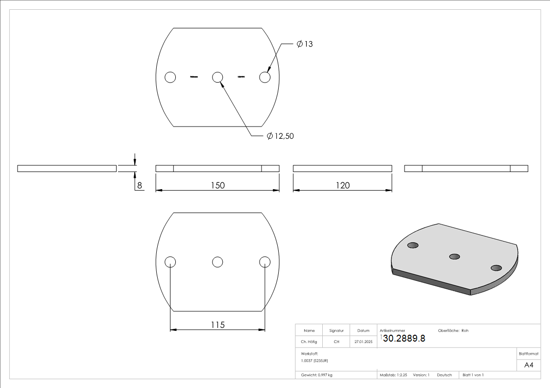 Ankerplatte 150x120x8 mm 3 Bohrungen -  Stahl roh-30-2889.8