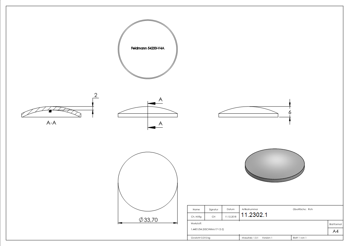 Kloepperboden  Ø 33-7 gewoelbt zum Aufschweissen V4A - Hoehe 2-0 mm-11-2302.1
