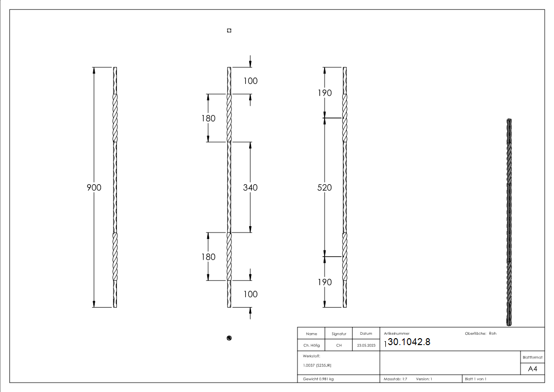 Zwischenstab - Laenge- 900 mm - Material- 12x12 mm - gehaemmert - Stahl S235JR- roh-30-1042.8