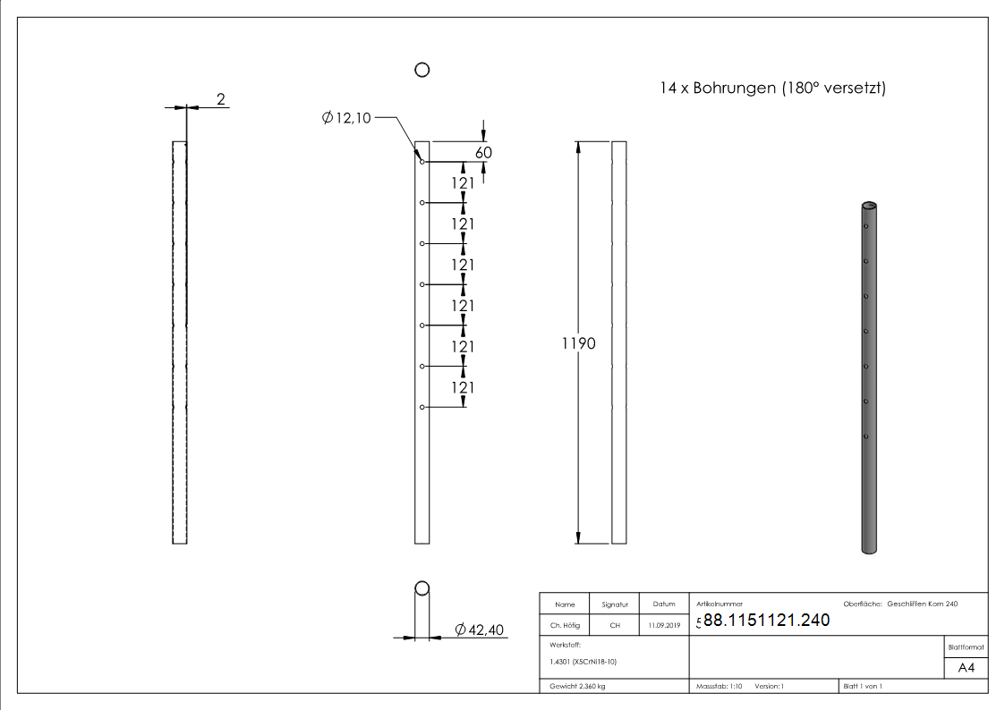 Edelstahlpfosten aus Rohr 42-4mm x 2-0mm- V2A-88-1151121.240