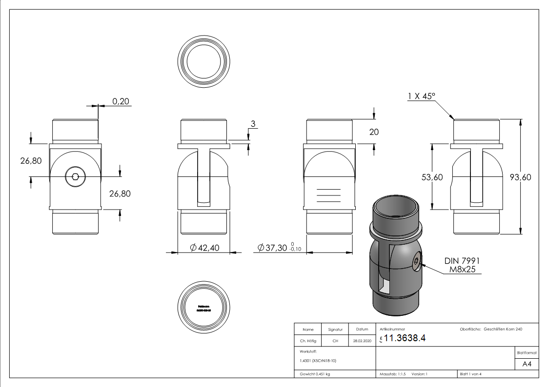 Pièce d'articulation pour tube rond Ø 42.4x2.5 mm V2A