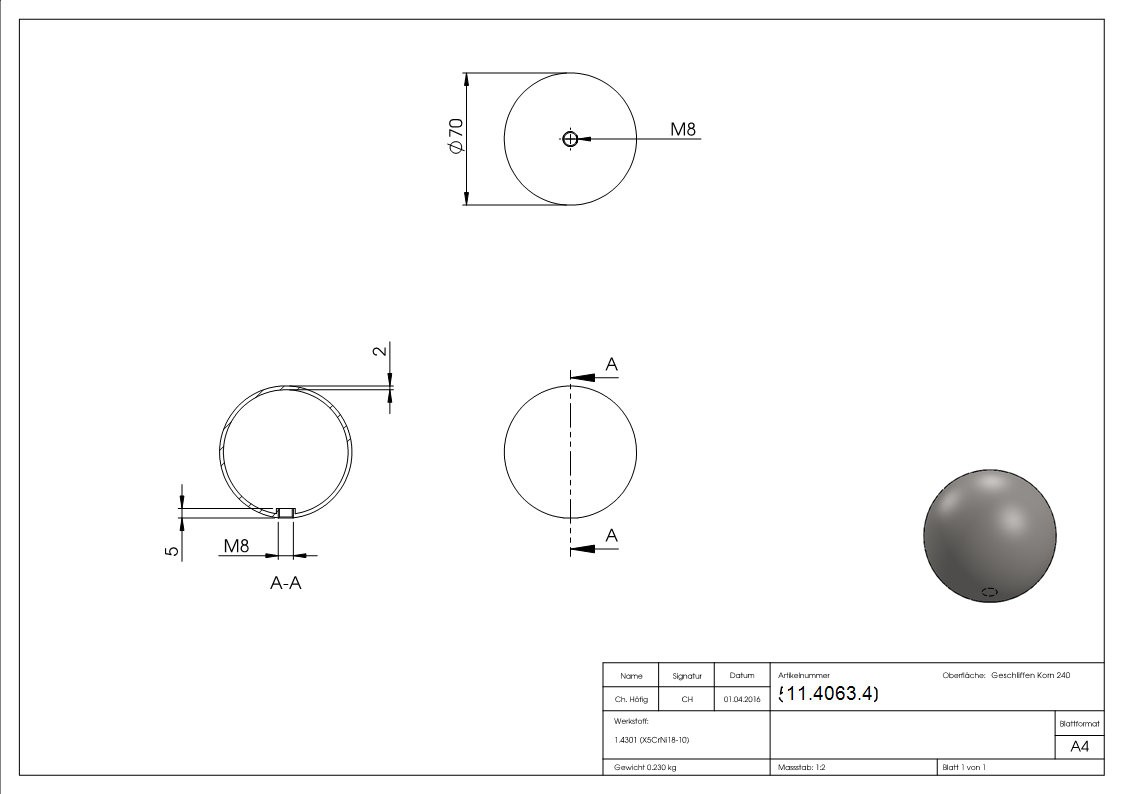 Hohlkugel - Ø 70 mm - mit Gewinde- M8 - V2A-11-4063.4