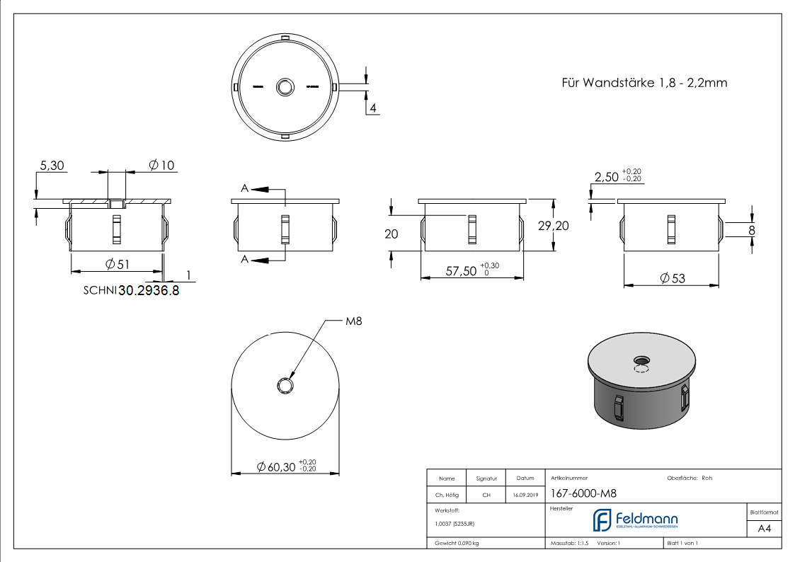 Stahlstopfen flach - mit M8 - fuer Rundrohr Ø 60-3x1-8-2-2 mm - Stahl S235JR- roh-30-2936.8
