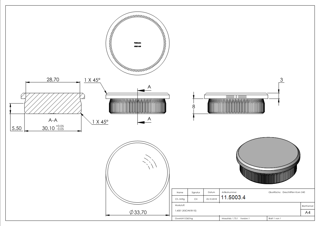 Bouchon plat pour Ø 33,7x2,0 mm V2A matériau plein