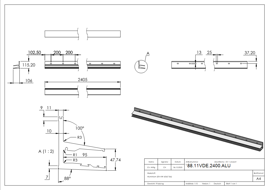 Vordachprofil eleganza canopy- L=2405mm- E4-EV1-88-11VDE-2400.ALU