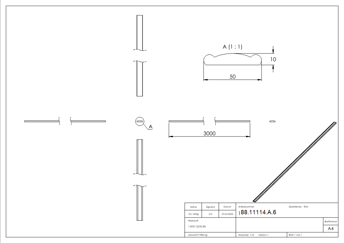 Main courante 50 x 10mm ; longueur 3000mm