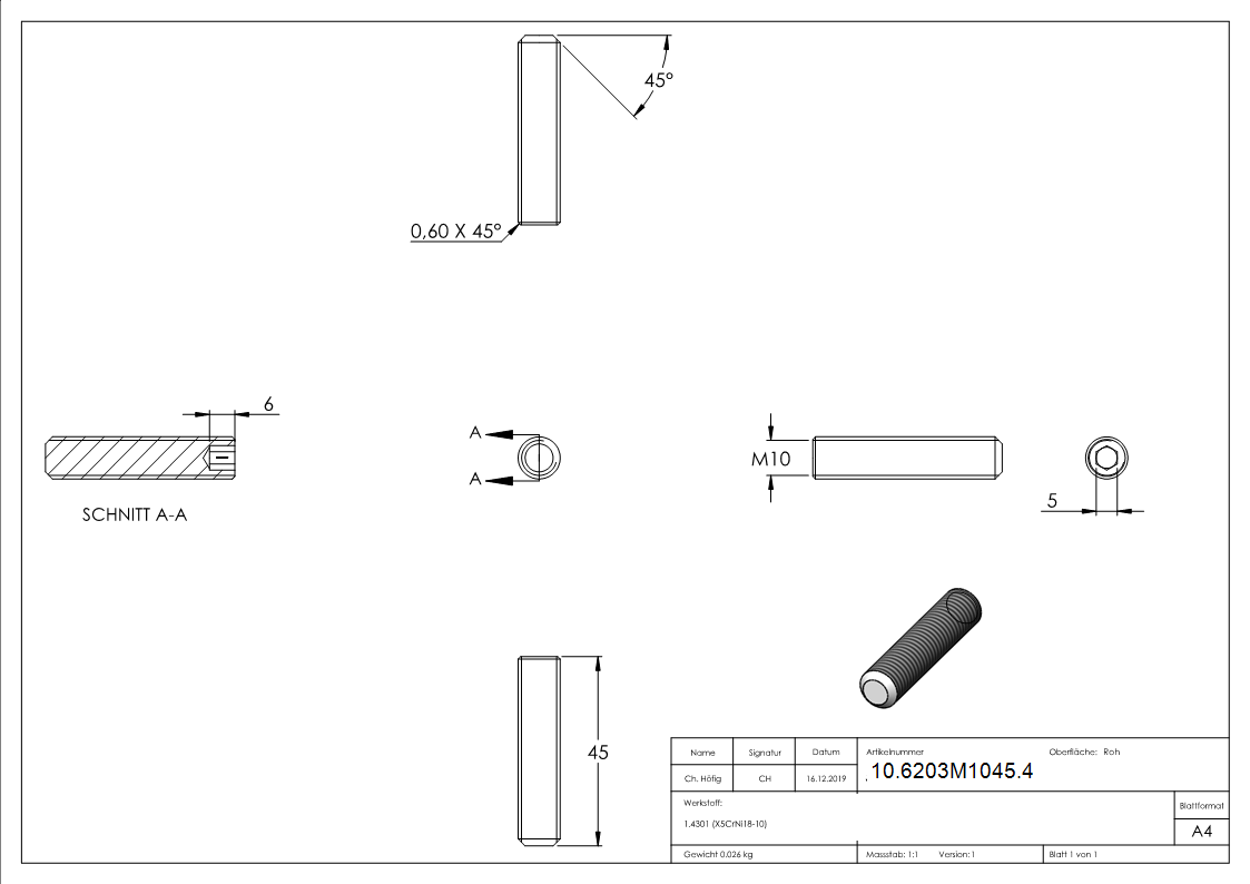 Goupille filetée M10 x 45 mm | V2A
