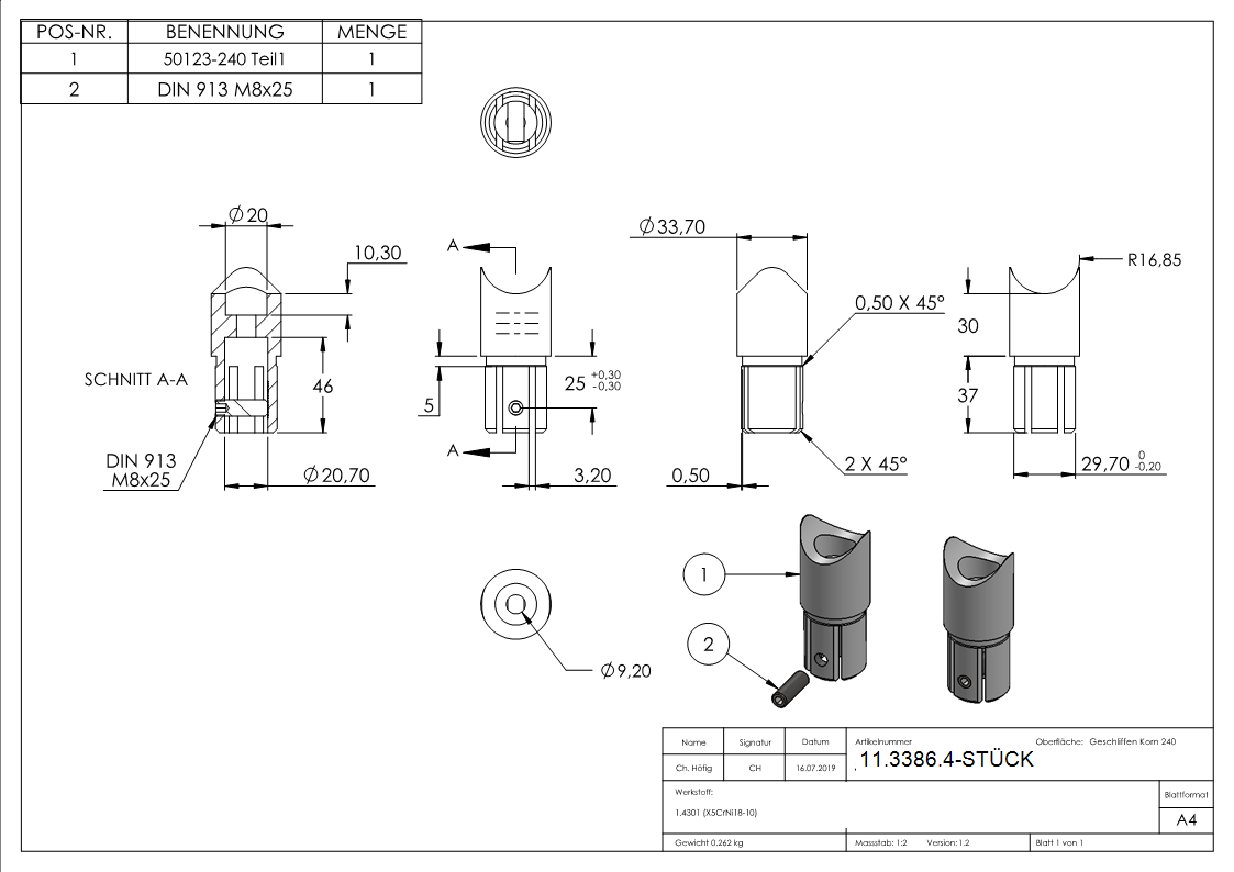 Anschlussstueck 90° V2A fuer Rohr Ø 33-7 mm mit Klemmschraube-11-3386.4-STUeCK