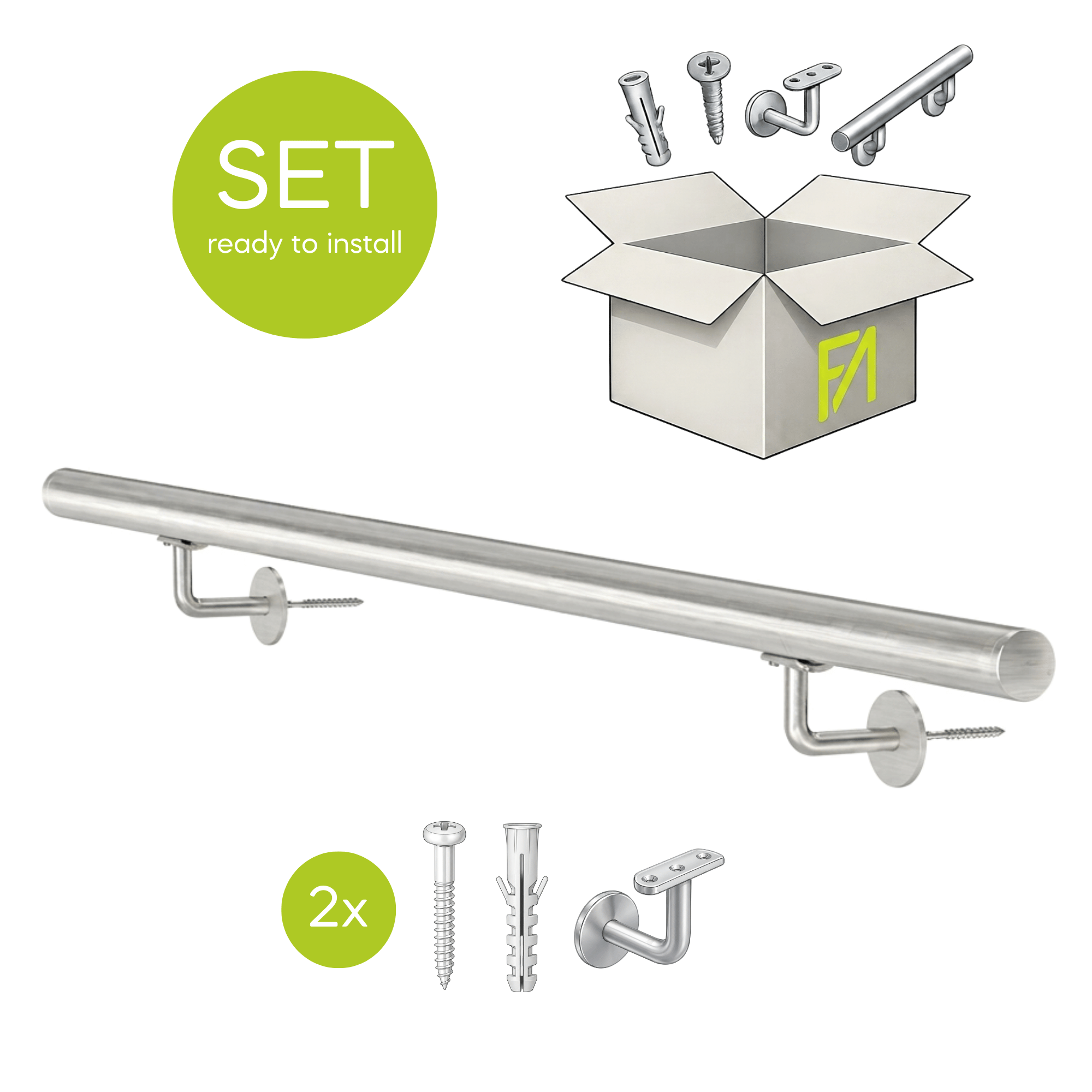 Handlauf Edelstahl AISI 304 1000 mm geschliffen montiertes Set-89-11AM1000S-A.4