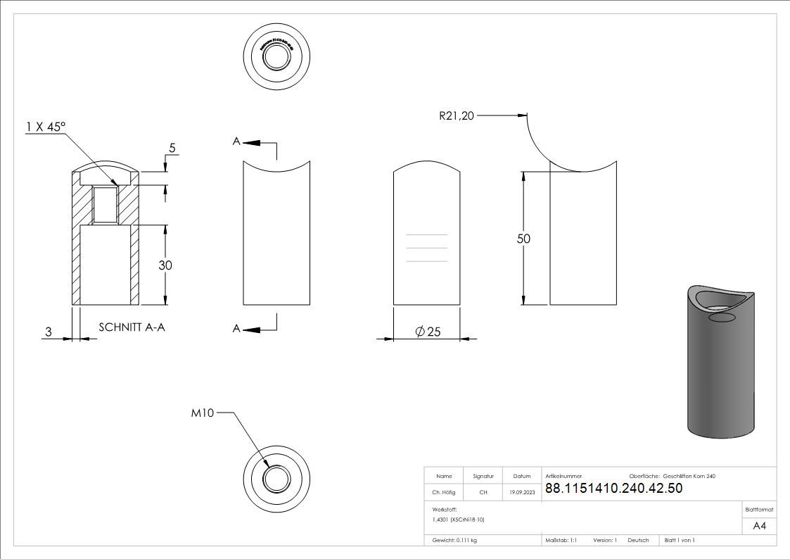 Entretoise pour tube 42,4mm, longueur 50mm, V2A