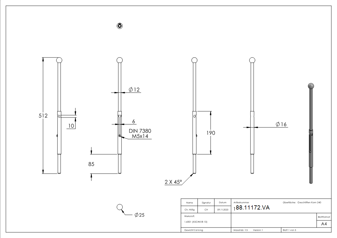 Boulon à souder, longueur 512mm, V2A