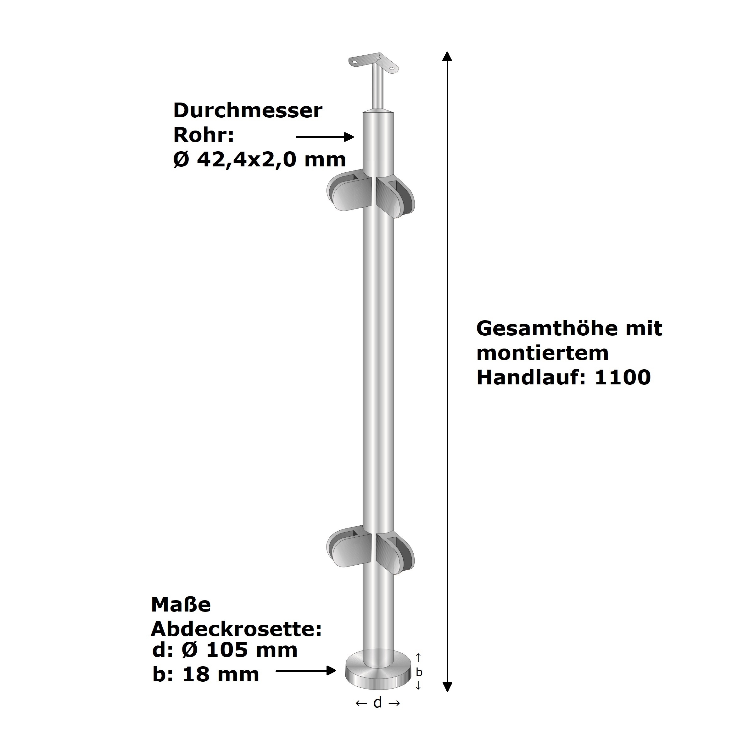 Eckpfosten Edelstahl AISI 304 D42-4 1100 mm Oberverankerung fuer Glas-14-0035RG-A.4
