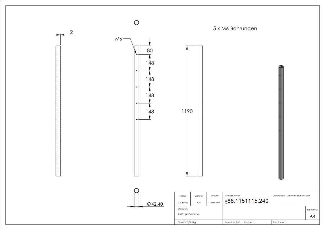Edelstahlpfosten aus Rohr 42-4mm x 2-0mm- V2A-88-1151115.240